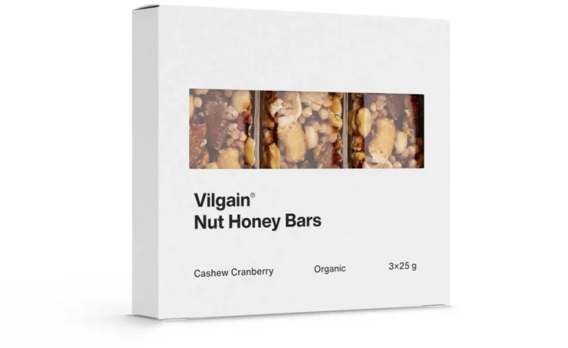Nut Honey Bar BIO ⁠–⁠ Kešu a brusinky ⁠–⁠ křupavý snack, 100% přírodní a raw, doslazeno medem a ovocem, vysoký obsah ořechů