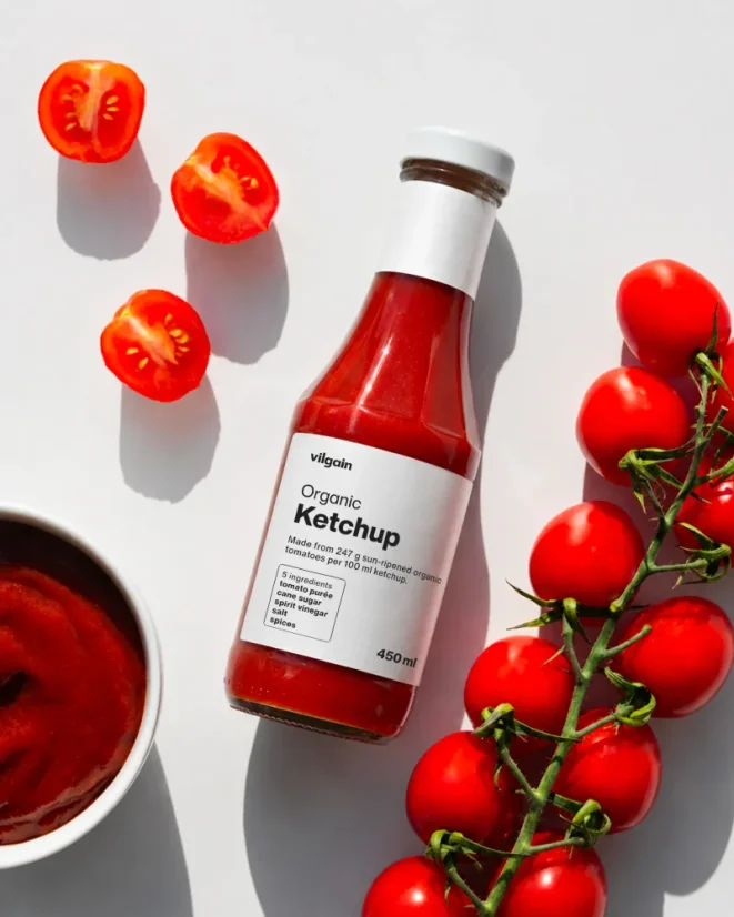 Kečup BIO ⁠–⁠ bez škrobu, hustý díky vysokému podílu rajčat, pouze 5 ingrediencí